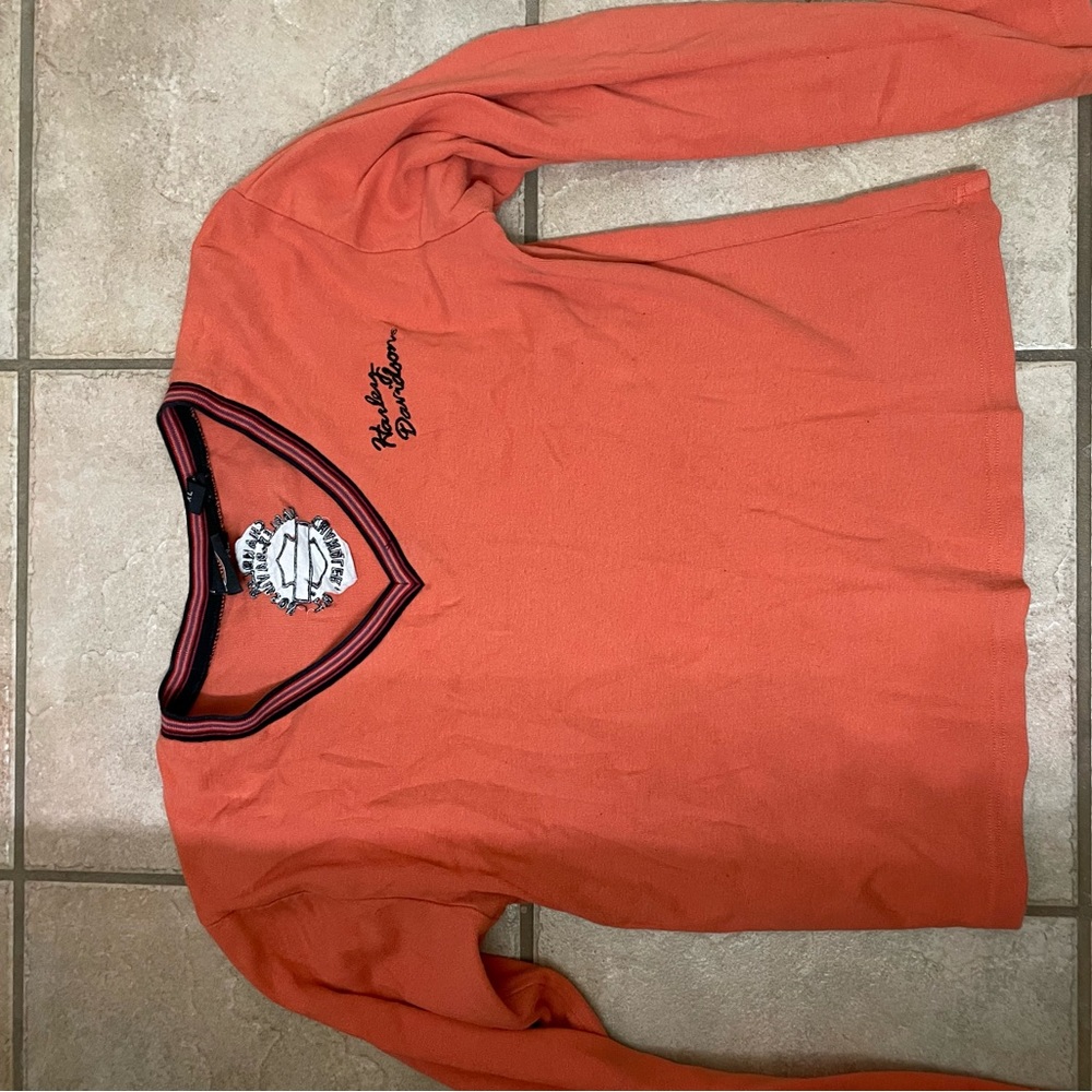 Long sleeve, V-neck, orange, women’s Harley Davidson vintage shirt
